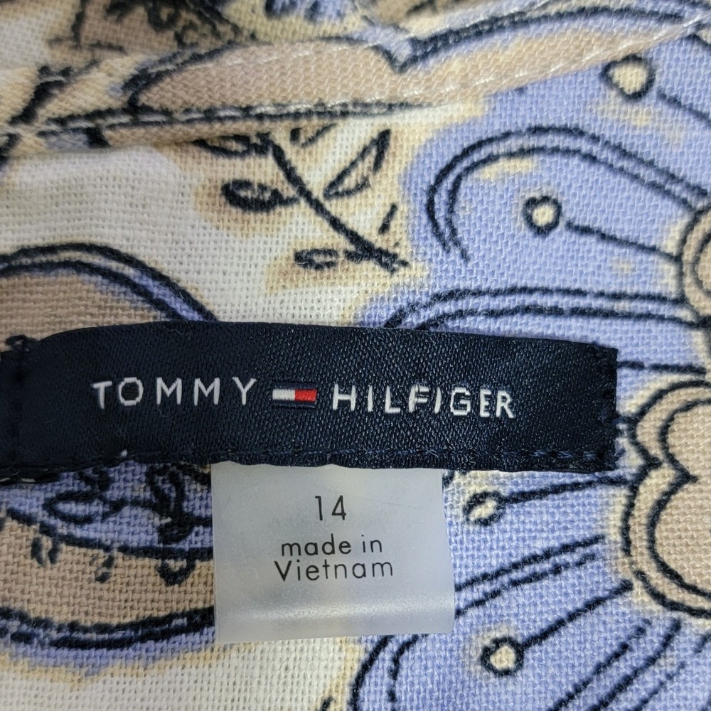 Tommy Hilfiger Floral Shift Dress 14 Blue Tan Linen Ruffle Coastal Hamptons - Picture 4 of 9